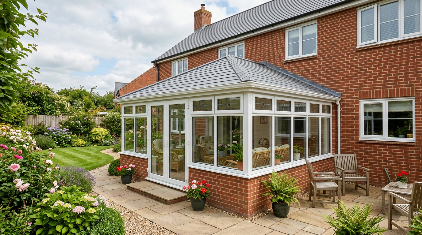 Conservatory with a warm, solid tiled roof