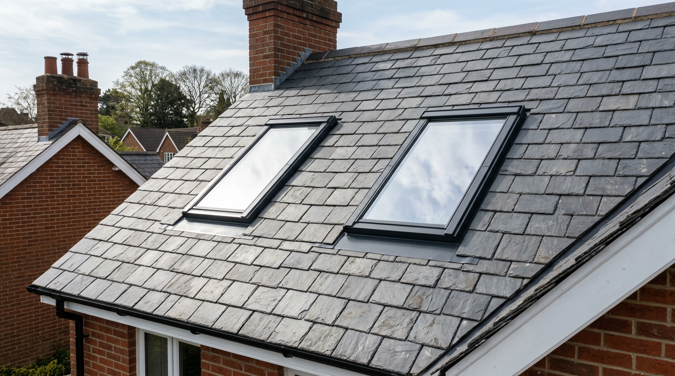 Velux roof windows fitted into a slate pitched roof